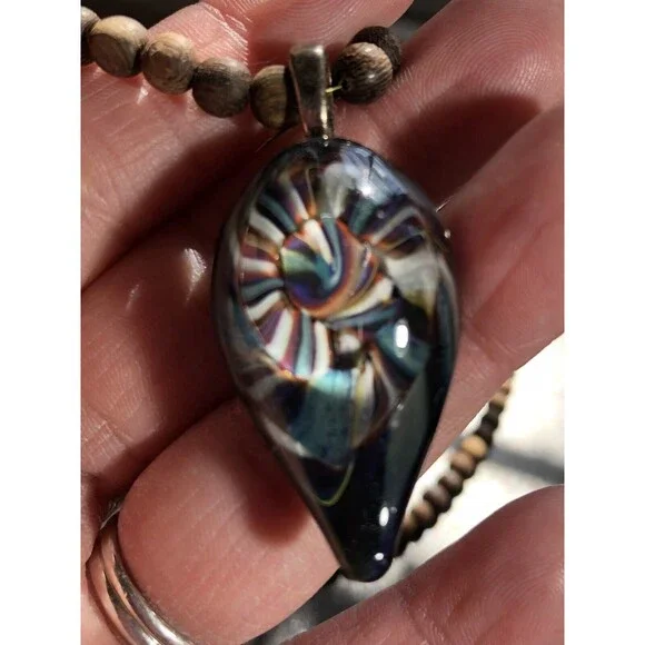 Handblown Glass Pendant On 20” Wooden Bead Necklace Boho Style Artisan Made 2008 - Picture 4 of 16